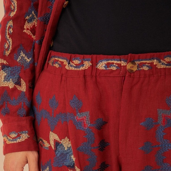Red Floral Embroidery Jacquard Pants 💯 linen NWT - Picture 3 of 4